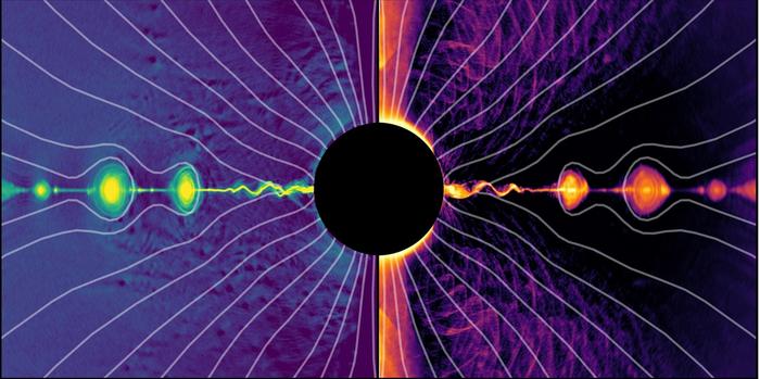 EurekAlert's tweet image. Researchers @goetheuni developed a numerical code, named the Frankfurt particle-in-cell code for black hole spacetimes (FPIC), which describes with high precision the processes that convert rotational energy into a particle jet. #WorldSpaceWeek 🔗: eurekalert.org/news-releases/…