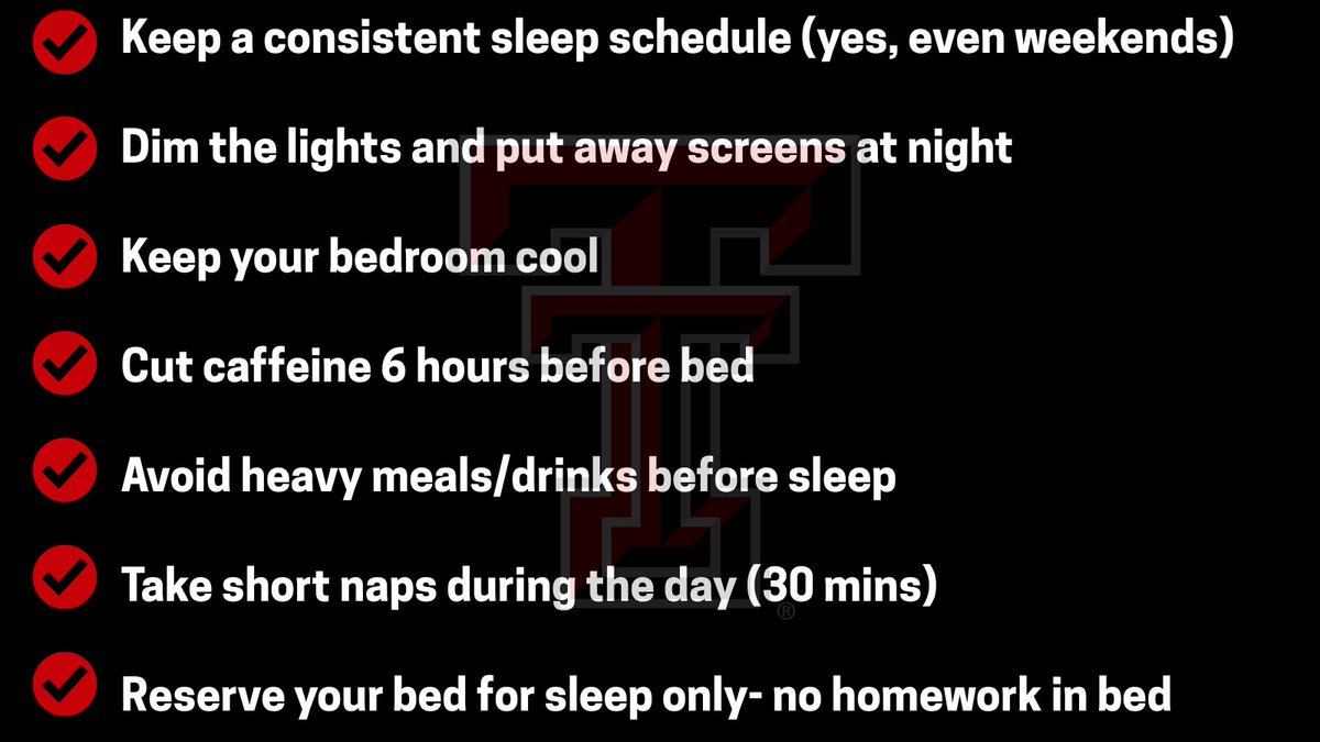 Want better sleep as a student-athlete? Start here 💤

Sleep tips that work:

Better sleep = better recovery = better performance 📈

#Big12BreaksTheStigma #WreckTheStigma #MentalHealthAwarenessWeek #TTUSportPsych