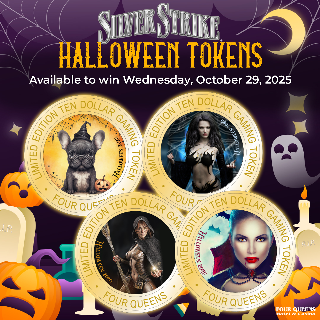4QueensLV's tweet photo. 🎃 The wait is over, Silver Strike fans! 👻 Our limited-edition $10 clad Halloween tokens arrive in 3 weeks, October 29 at Four Queens! Don’t miss your chance to grab this spooky collectible! 💀✨ #SilverStrike #FourQueens https://t.co/LsYbJ8HP1U