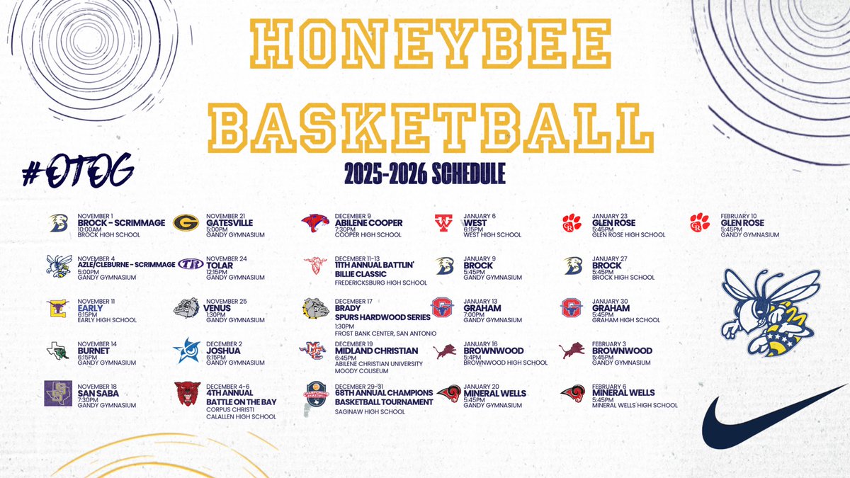 <a href="/HoneybeesBB/">@HoneybeeBasketball</a> 2025-2026 Schedule is out! 
#OTOG 
<a href="/coachjhodges21/">Jason Hodges</a> <a href="/sville_sports/">Stephenville Athletics</a>