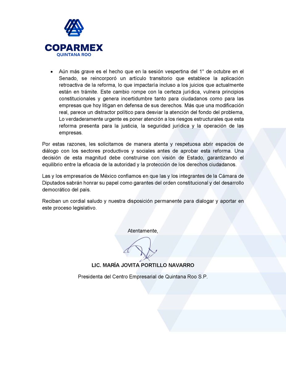 🔵 Diputada <a href="/santhym/">Santy Montemayor 🇲🇽💚</a>: 

Desde #CoparmexQRoo le hacemos un llamado a no aprobar la reforma a la #LeyDeAmparo en sus actuales términos. No podemos dejar indefensos a ciudadanos y empresas ante actos arbitrarios de las autoridades.