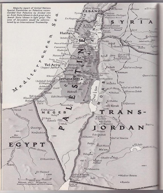 A grayscale historical map titled Majority report of United Nations Special Committee on Palestine, depicting the region with labeled countries including Lebanon, Syria, Israel, Palestine, Jordan, and Egypt. Key cities marked are Haifa, Nazareth, Acre, Tiberias, Safad, Beisan, Jenin, Nablus, Jaffa, Tel Aviv, Jericho, Jerusalem, Hebron, Gaza, Khan Yunis, Beersheba, and El Arish. Borders outline Palestine areas like Gaza Strip, Negev, and Transjordan, with geographic features such as the Mediterranean Sea and Dead Sea visible.