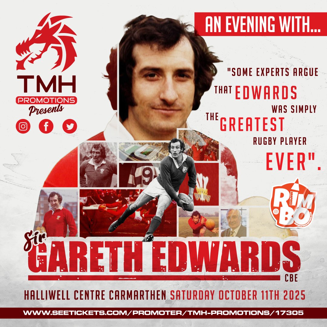 ONLY 3 DAYS TO GO!!
🏴󠁧󠁢󠁷󠁬󠁳󠁿🏉
SIR GARETH EDWARDS HEADS TO CARMARTHEN!!

LAST FEW TICKETS 🎟
tmhpromotions.com

<a href="/robharries83/">Rob Harries</a> <a href="/Carmjournal/">Carmarthen Journal</a> 
<a href="/WalesOnline/">WalesOnline 🏴󠁧󠁢󠁷󠁬󠁳󠁿</a> 
<a href="/WalesRugby/">WalesOnline Rugby</a>