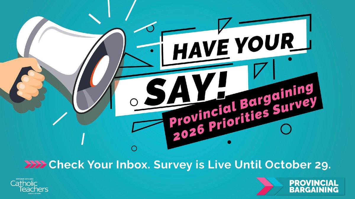 🚨Attention #CatholicTeachers!🚨

Check your inbox for your Provincial Bargaining 2026 Priorities Survey!

We need to hear from you by October 29 – your perspectives and experiences in the classroom are essential to help shape the future of #OntEd!