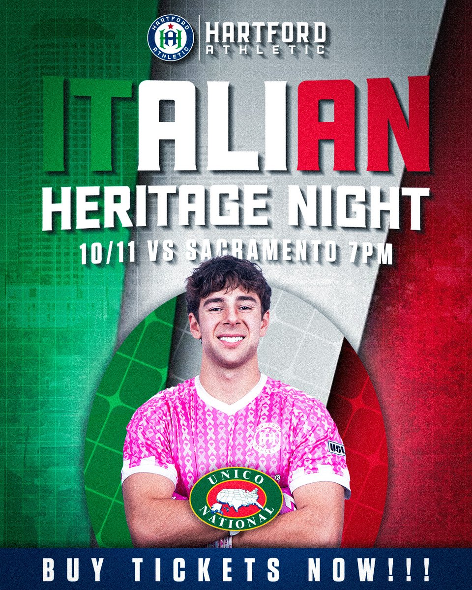 Join us and Greater Hartford UNICO for Italian Heritage Night 🇮🇹

Celebrate Italian heritage with the signing of the Italian National Anthem, heritage dances, and honoring of CT Soccer Hall of Fame inductee Salvatore Rizza

Get tickets now! 🎟️ hfdath.com/HFDvSAC