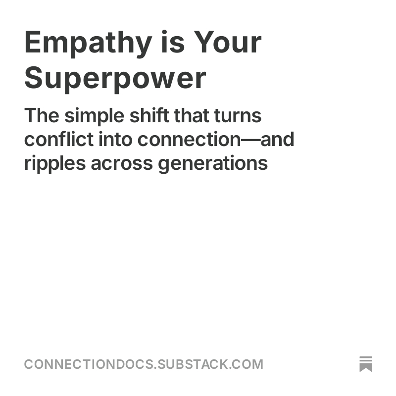 connectiondocs's tweet image. Halfway down the stairs, still tight with defensiveness, I remembered: empathy is a superpower.
It doesn’t stop hard words from coming your way.
It stops them from controlling you.
connectiondocs.substack.com/p/empathy-is-y…