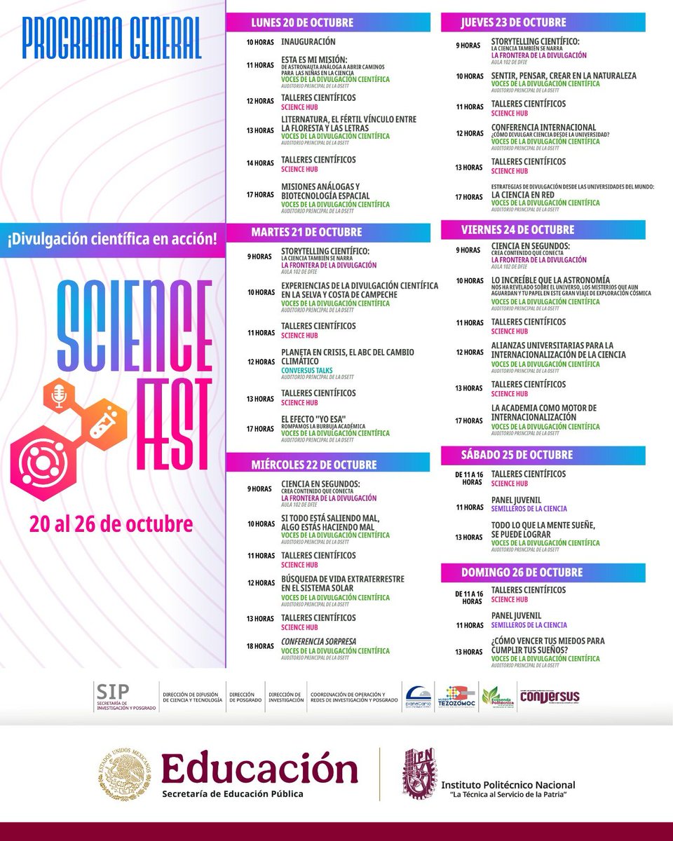 Conversus_IPN's tweet image. ¡Se acerca el Science🧬Fest 🥳!
Divulgación científica en el @IPN_MX ⚙️
🗓️Te presentamos el #programa para que nos acompañes del 20 al 26 de #Octubre:
🗣️ Conferencias
🛠️Acciones de formación
🧪 Talleres
📣Charlas y paneles
🎙️ Conversus Talks
#DDiCyT #ScienceFest #IPN ⚗️