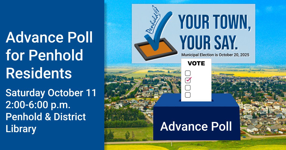 It’s your town, have your say!
Residents are encouraged to participate in the upcoming Municipal Election 

Advance Voting 
Sat Oct 11, 2025 2-6 p.m.
Penhold &amp; District Library
All voters are required to show photo ID

Follow link for more voter info: townofpenhold.ca/p/voter-inform…