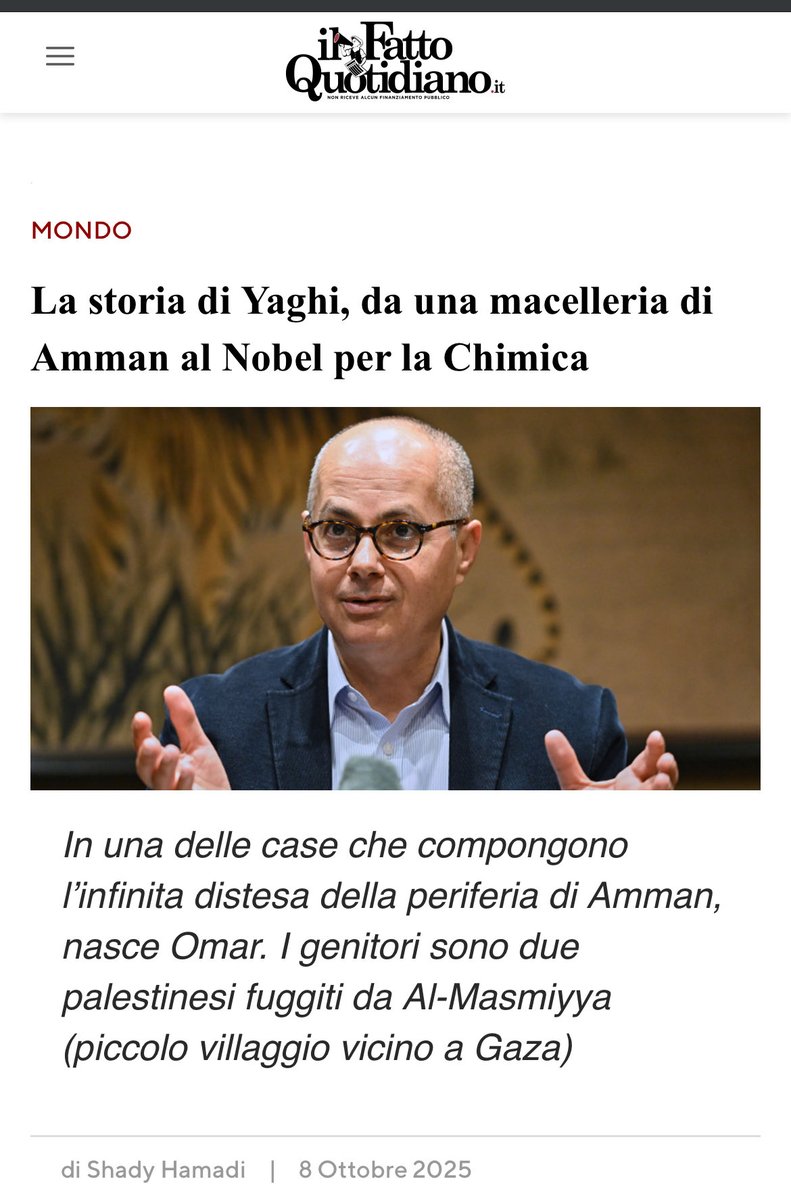 avantibionda's tweet photo. Cresciuto in un luogo in cui da sempre gli israeliani tolgono ai palestinesi anche l’acqua per vivere, ha scoperto come tirare fuori l’acqua dall’aria.
E ha vinto il Premio Nobel per la Chimica.
La storia di Omar Yaghi è un po’ la storia della Palestina.
https://t.co/y4JsEnMGwi https://t.co/fqCgLmWkdS