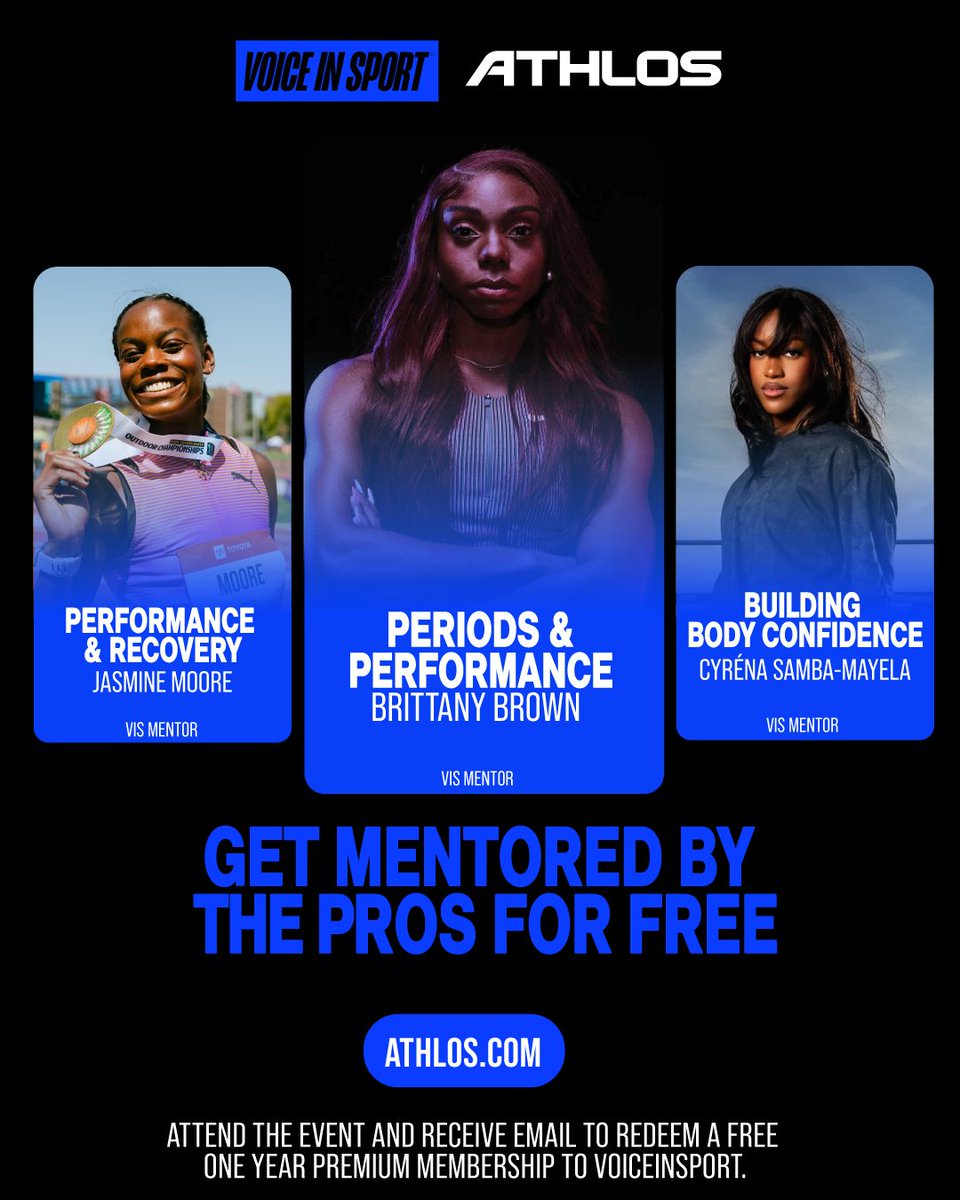 voiceinsport's tweet photo. Your ticket = a year of support 🎟️✨

Girls 13–23 attending @athlos on 10.10 get a FREE 1-year VOICEINSPORT Membership—plus a live group Mentoring Session with VIS Mentors @_brittanyshamere @jasmineemoore @cyrenasm 🔥

What you’ll unlock for a full year:
• Live Athlete-led Mentoring Sessions
• Content & Tools to handle pressure, confidence, recovery, and more
• Expert-led mind, body, and nutrition sessions built for girls in sport

Tap the link in bio to grab your ticket and claim your year on the VIS platform. Let’s keep girls in sport—together 💪

Partners: @athlos x @voiceinsport
Mentors: @_brittanyshamere (VIS Mentor), @jasmineemoore (VIS Mentor), @cyrenasm (VIS Mentor)

#GirlsInSport #StudentAthletes #TrackAndField #KeepGirlsInSport #VoiceInSport #Athlos #Mentorship #HighSchoolAthletes