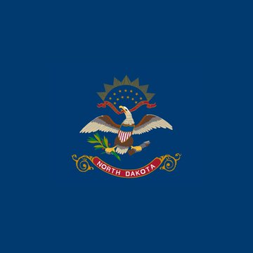 The first image displays the North Dakota state flag on a blue background, featuring a bald eagle with outstretched wings perched on a branch, holding arrows and an olive branch, with a sunburst above and the state name in a ribbon below. The second image shows a vast badlands landscape at sunset with layered rock formations, a winding river through the valley, sparse green shrubs, and a large brown bison standing on a ridge overlooking the scene.