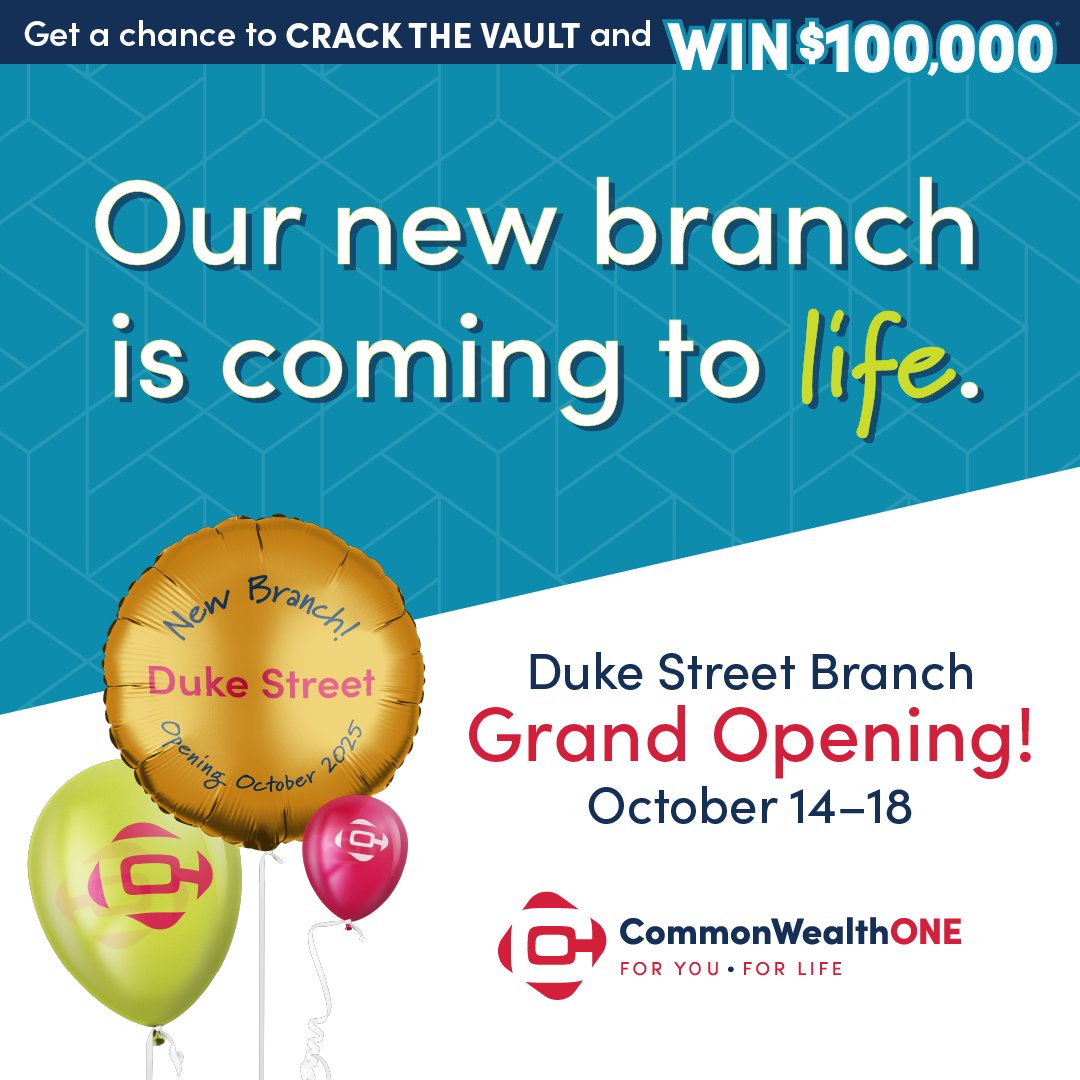 Our new Alexandria branch opens next week — and you're invited! 🥳

📅 Oct 14–18 | 📍 4557 Duke St, Alexandria, VA

💰 Crack the vault &amp; win $100,000†
🎁 Daily prizes
🏦 A first look at our modern new space

Stop by &amp; celebrate with us!
