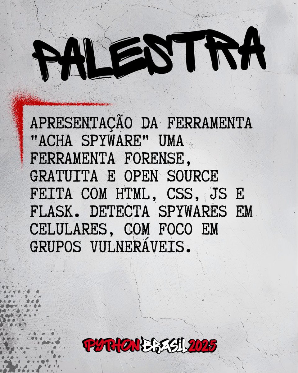 pythonbrasil's tweet image. Palestra
Acha Spyware - Democratizando a Análise Forense Consentida - Thaly Sanches
Apresentação da ferramenta "Acha Spyware" uma ferramenta forense, gratuita e open source feita com HTML, CSS, JS e Flask. Detecta spywares em celulares, com foco em grupos vulneráveis.
#pybr2025