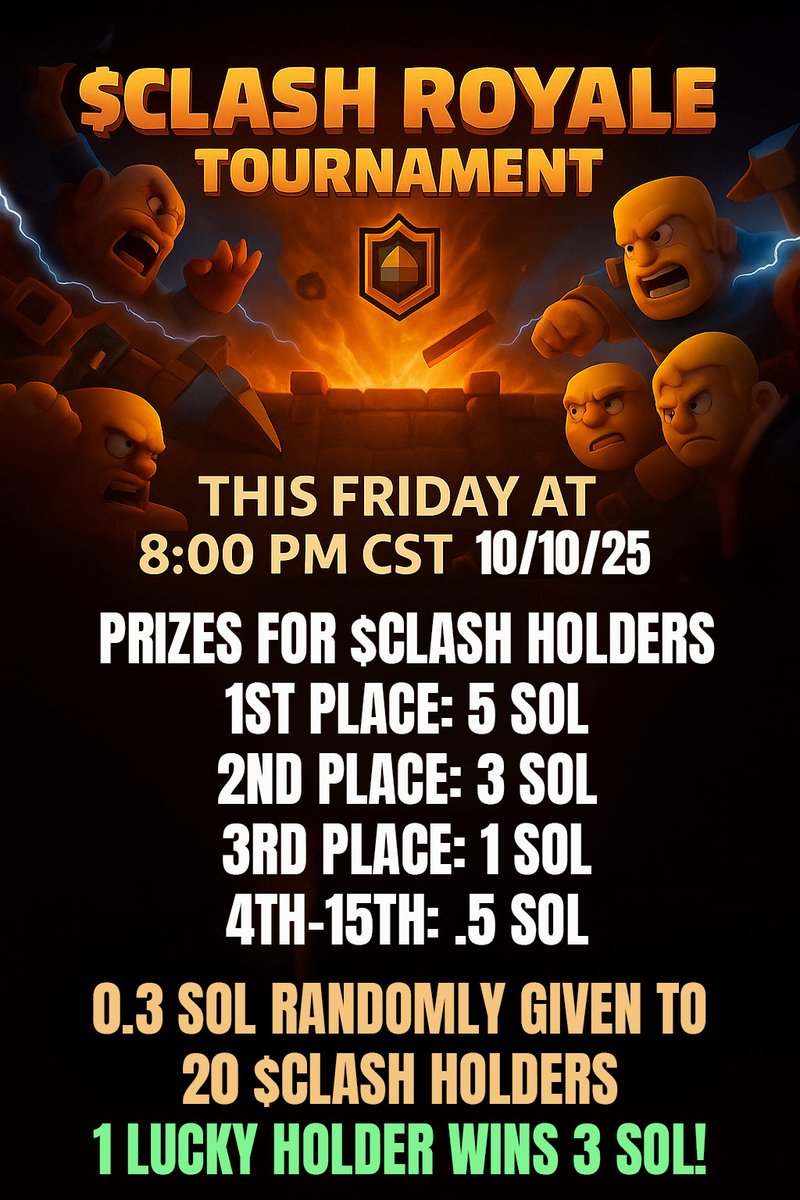 GeorgePlayClash's tweet image. The next $clash tournament is this Friday! 10/8 8pm ct.  Don&apos;t miss the HUGE prizes and giveaways!  Sign up form:  forms.gle/9fpAjfxzd1kaWv….
