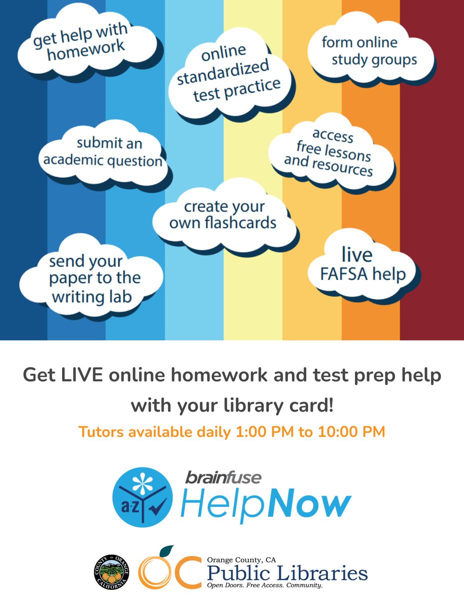ocpublib's tweet image. Students with #OCPL cards can get free help with their homework daily from 1-10pm. Brainfuse offers free LIVE online tutoring. For more info: bit.ly/4gWurTO

Apply for a card today at bit.ly/48fJLsv
#OCPublicLibraries #OrangeCounty #brainfuse #homeworkhelp