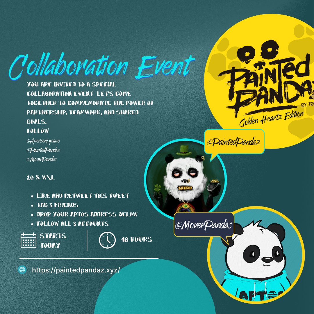 Painted Pandaz π¨πΌ (@paintedpandaz) on Twitter photo You are invited to a special collaboration event Let's come together to commemorate the power of partnership, teamwork, and shared goals. Follow <a href="/ApersonLyeque/">ApersonLyeque.apt (π,π,π¨πΌ,)</a> <a href="/PaintedPandaz/">Painted Pandaz π¨πΌ</a> <a href="/MoverPandas/">Mover Pandas πΌ</a> 20 x W\L Like and Retweet this tweet Tag 3 Friends Drop your Aptos Address Below Follow all You are invited to a special collaboration event Let's come together to commemorate the power of partnership, teamwork, and shared goals. Follow <a href="/ApersonLyeque/">ApersonLyeque.apt (π,π,π¨πΌ,)</a> <a href="/PaintedPandaz/">Painted Pandaz π¨πΌ</a> <a href="/MoverPandas/">Mover Pandas πΌ</a> 20 x W\L Like and Retweet this tweet Tag 3 Friends Drop your Aptos Address Below Follow all