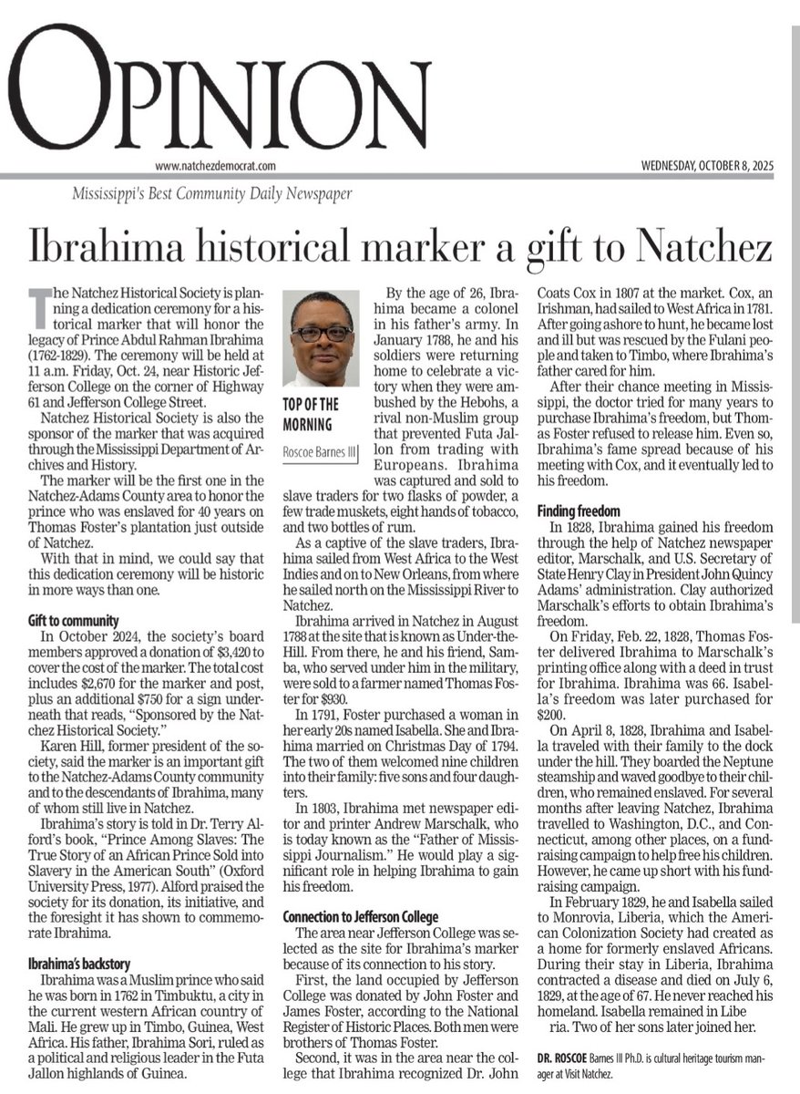 “I am proud of the Natchez Historical Society, and I’m happy that our gift will help to ensure that the legacy of Prince Ibrahima will be honored and shared for many years to come,” Karen Hill said. 

Link in the comments.