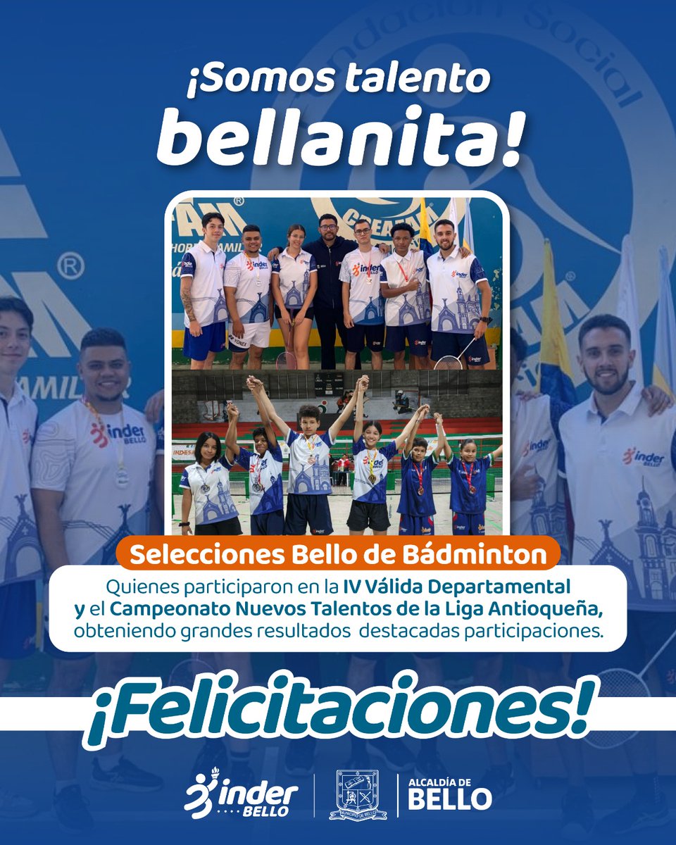 🏸 ¡Fin de semana de grandes logros para el bádminton de INDER Bello! 💪

Nuestros procesos de formación participaron en dos importantes eventos de la Liga Antioqueña de Bádminton, dejando en alto el nombre del municipio. 🙌

📍 Campeonato Nuevos Talentos – Sabaneta
📅 Sábado 4