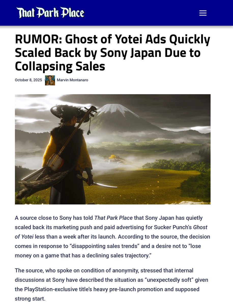 Ghost of Yotei sales reportedly dropped off very fast, causing Sony to scale back ad spend.

Link to full story in reply.