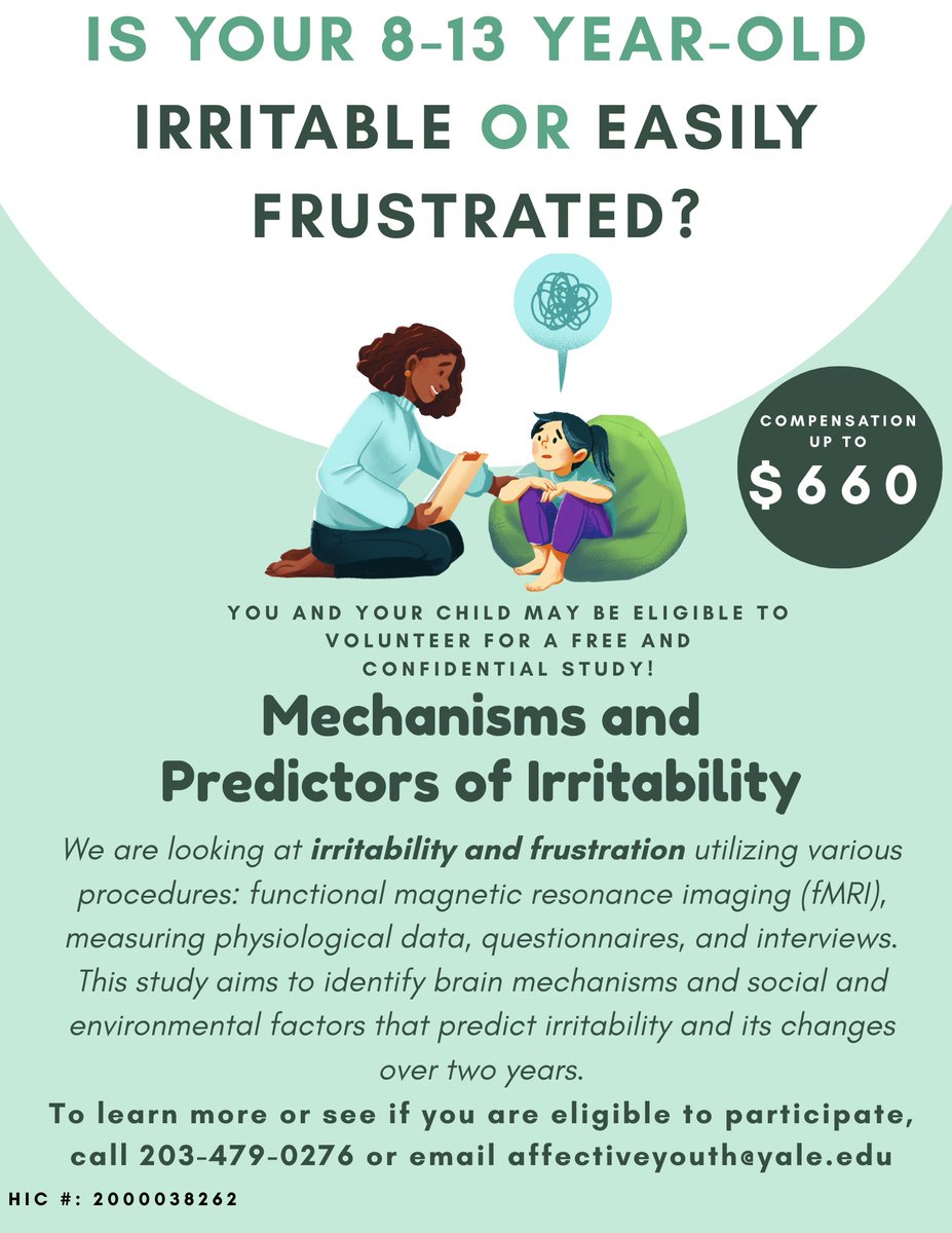 YaleCSC's tweet image. The YAY Lab is looking for participants to study mechanisms and predictors of irritability. Receive up to $660 compensation. Learn more by calling 203-479-0276 or emailing affectiveyouth@yale.edu.