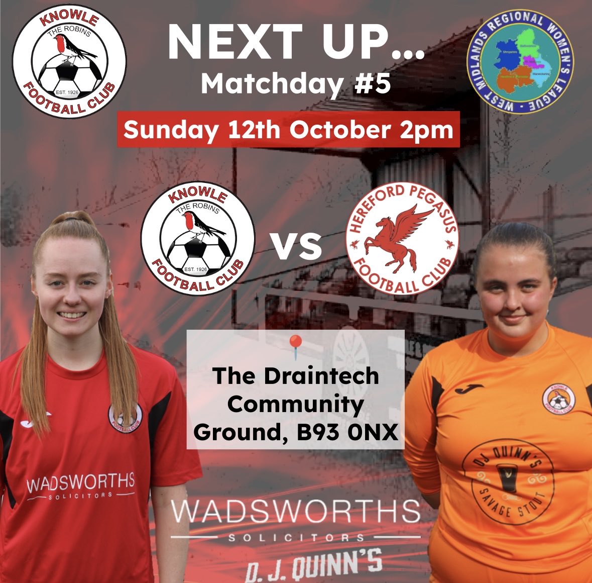 The Robins are back at home this Sunday against Hereford Pegasus FC 💪

🆚 Hereford Pegasus FC Ladies
🏟️ Draintech Community Ground, Hampton Rd, B93 0NX
⏰ 14:00pm KO
🗓️ Sunday 12th October
🎟️ Free entry

#knowleladiesfc #womesfootball #wmrwl #uptherobins
