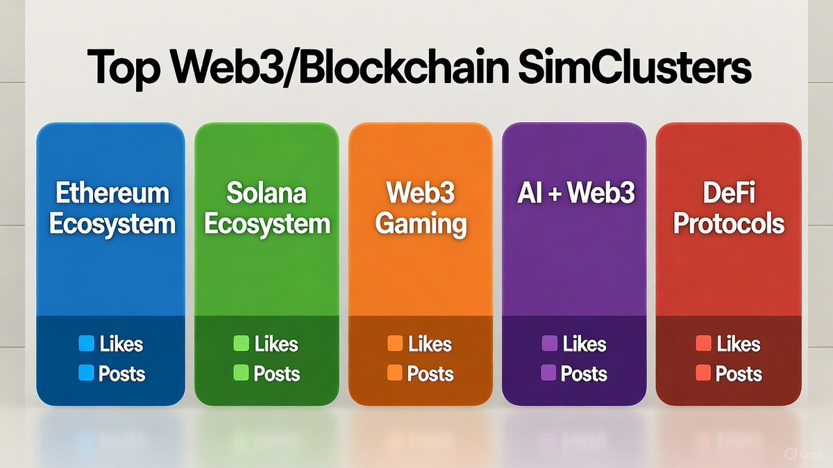 Engagement as down bad as mine? 🥺

Don't worry, I got us - it's all about SimClusters. 

Talked to Grok for a bit, and he spilled the beans:

🔵Eth Eco (Arbitrum, Optimism)  
🟢Sol Eco (DeFi, Memecoins) 
🟠Web3 Gaming (Ronin, Pixels, Axie)
🟣AI + Web3 (ZK proofs, Cysic/Brevis)