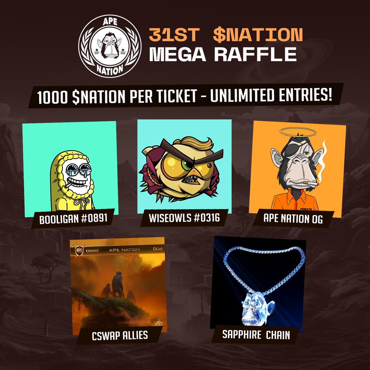 Ape Nation (@ape_nationnft) on Twitter photo 🚨 31st $NATION Mega Raffle Giveaway! 🎟️
Giveaway includes a <a href="/WiseOwlsNFT/">Wise Owls 🦉</a> 🦉
Total trait value: 300+ $ADA 👀
Free Entry:
🌟Picking one person who RT this tweet gets 50 Tickets!
How to Enter:
➡️ Send 1000 $NATION per ticket to $nationburn
➡️ Every 1000 $NATION = 1 ticket (Ex: 🚨 31st $NATION Mega Raffle Giveaway! 🎟️
Giveaway includes a <a href="/WiseOwlsNFT/">Wise Owls 🦉</a> 🦉
Total trait value: 300+ $ADA 👀
Free Entry:
🌟Picking one person who RT this tweet gets 50 Tickets!
How to Enter:
➡️ Send 1000 $NATION per ticket to $nationburn
➡️ Every 1000 $NATION = 1 ticket (Ex: