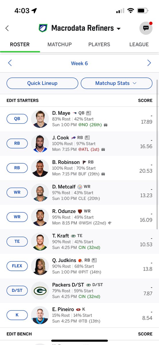 dmaher19's tweet photo. @Ihartitz 3-2 so far, Dowdle saved me last week with lots of byes- would you change anything with this lineup ? https://t.co/gigDQpNf7t