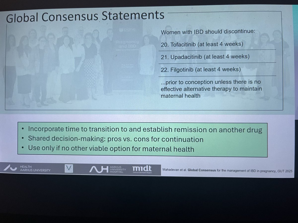 Excelllent lecture <a href="/JulsgaardMette/">Mette Julsgaard</a> about Jaki in🤰 and breastfeeding 🤱 
-4 weeks stop ✋ jaks before pregnancy 
-live vaccine after 1month of age
-jaks use only in maternal health when no ghee treatment 
#uegweek #ibd #pregnantwomen