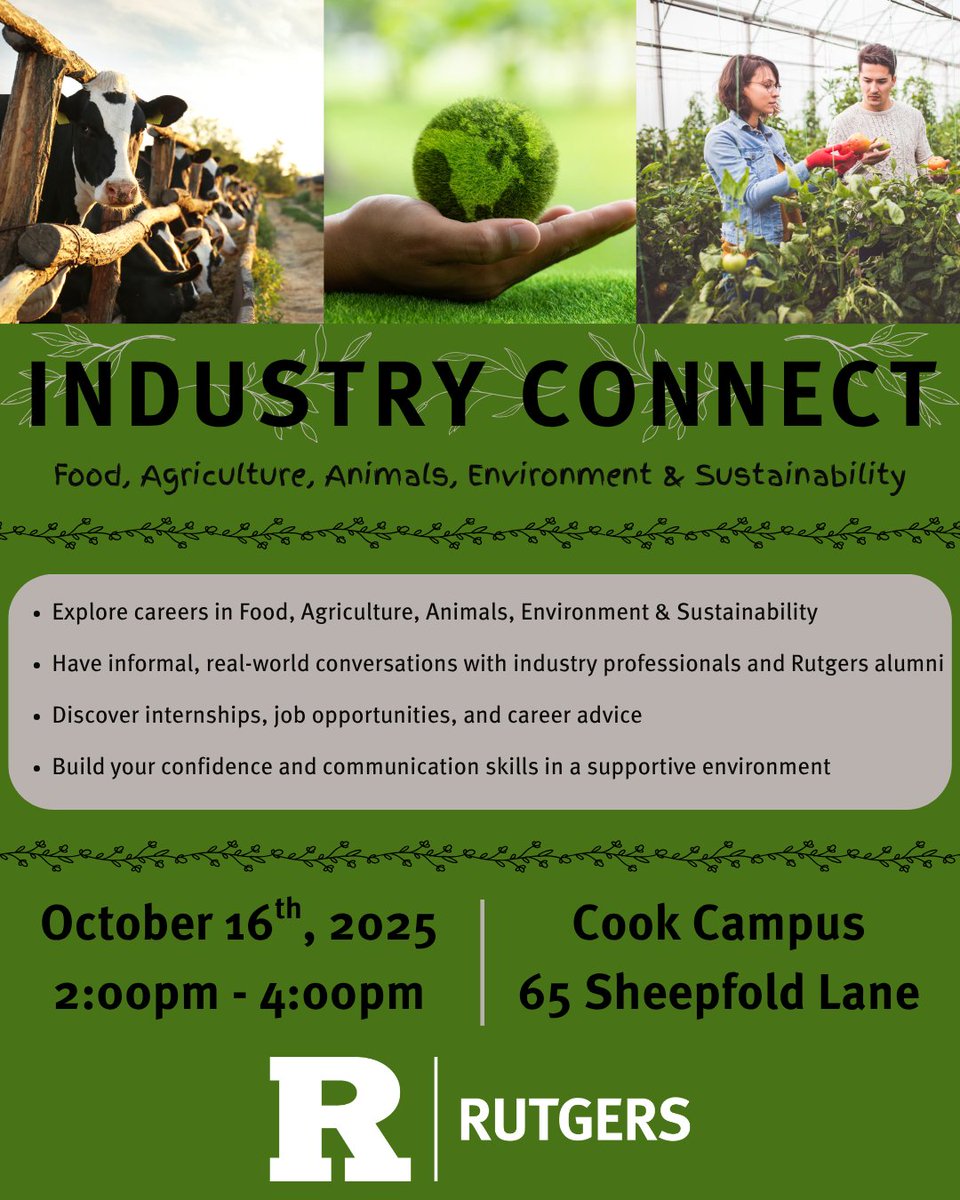 Are you exploring a career in Food, Agriculture, Animals, Environment &amp; Sustainability?
Join us at INDUSTRY CONNECT, a high-energy networking event designed to connect you with professionals and employers across multiple industries!
success.rutgers.edu/.../industry-c…...