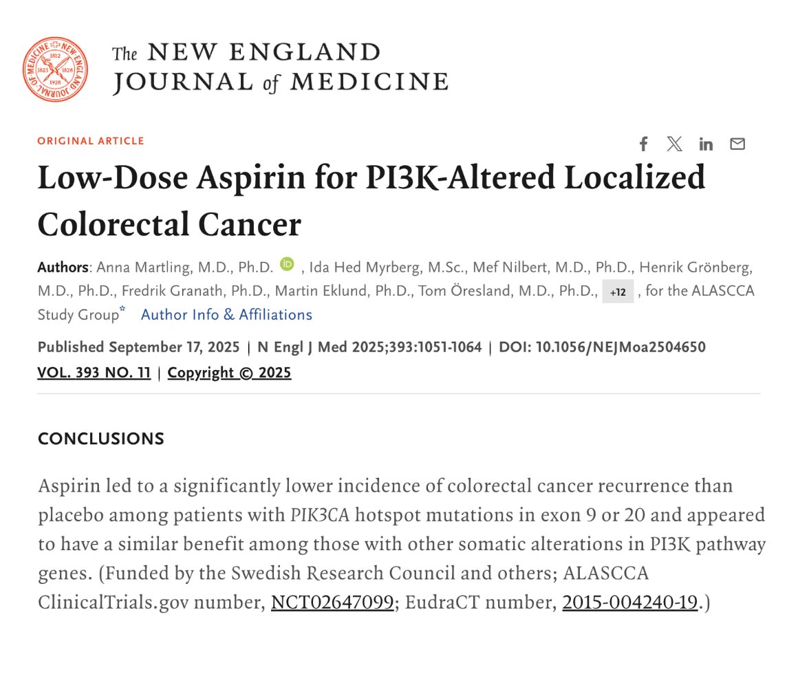 A new clinical trial found that low-dose aspirin cut colon cancer recurrence by more than half in certain patients. Those patients with colon or rectal cancer having a PI3K pathway mutation, who were given low-dose aspirin (160 mg daily) after surgery cut the risk of recurrence