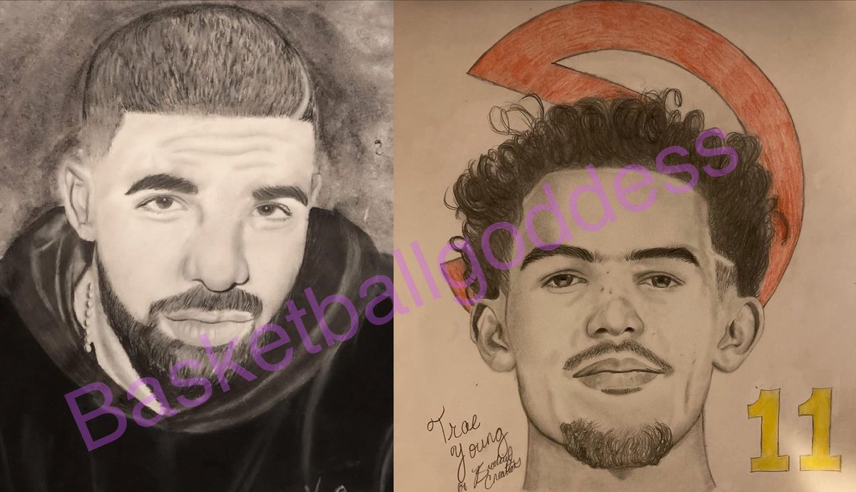 BrookieJ07's tweet photo. Posted this before but some of yall didn’t know I used to draw portraits 🎨 

I drew Drake with pencil &amp; charcoal and Trae with pencils. I majored in art in HS &amp; college https://t.co/0WlJfFK9FV