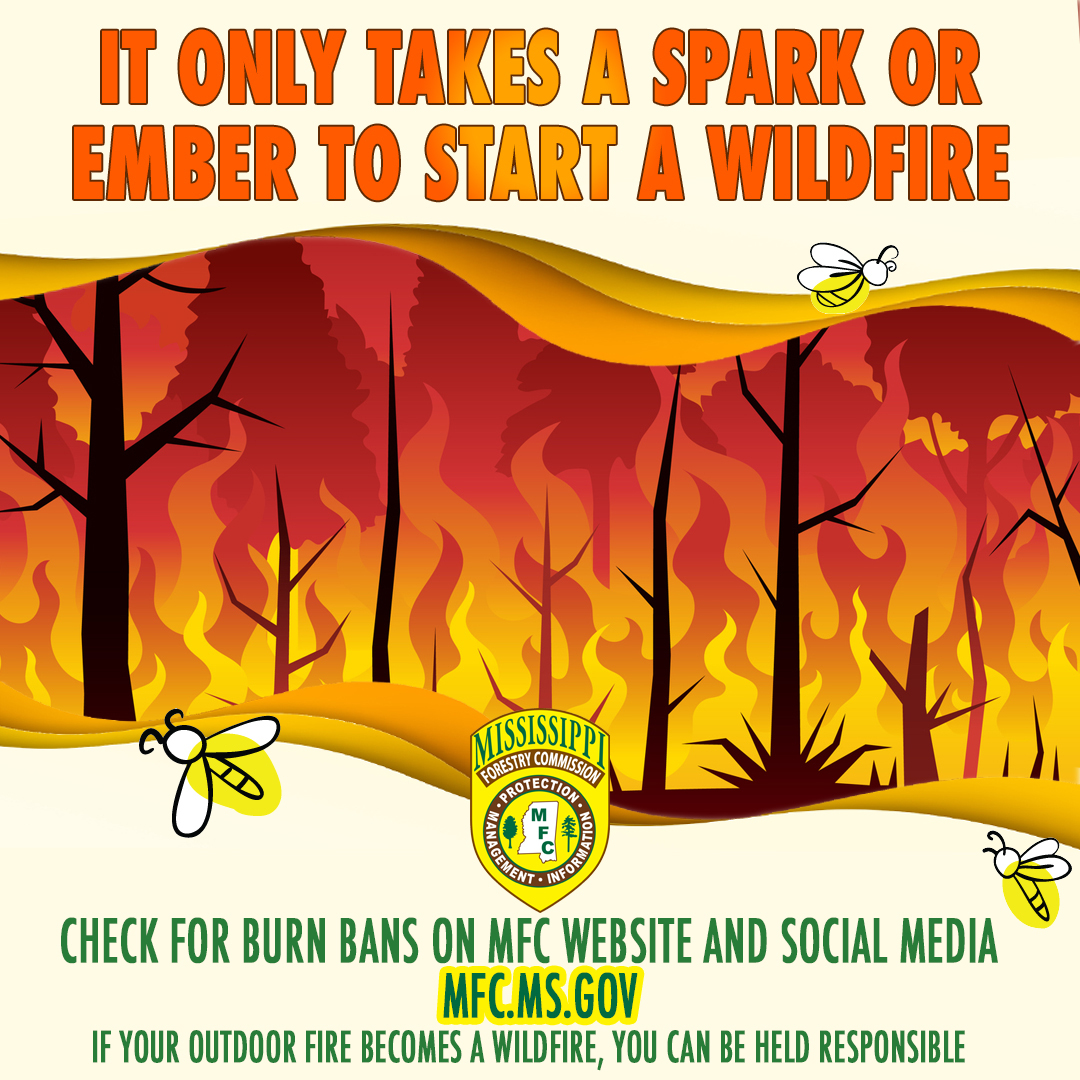 It only takes a spark or ember to start a #wildfire. 

#PreventWildfiresMS #wildfireprevention #MSforestry #OnlyYou