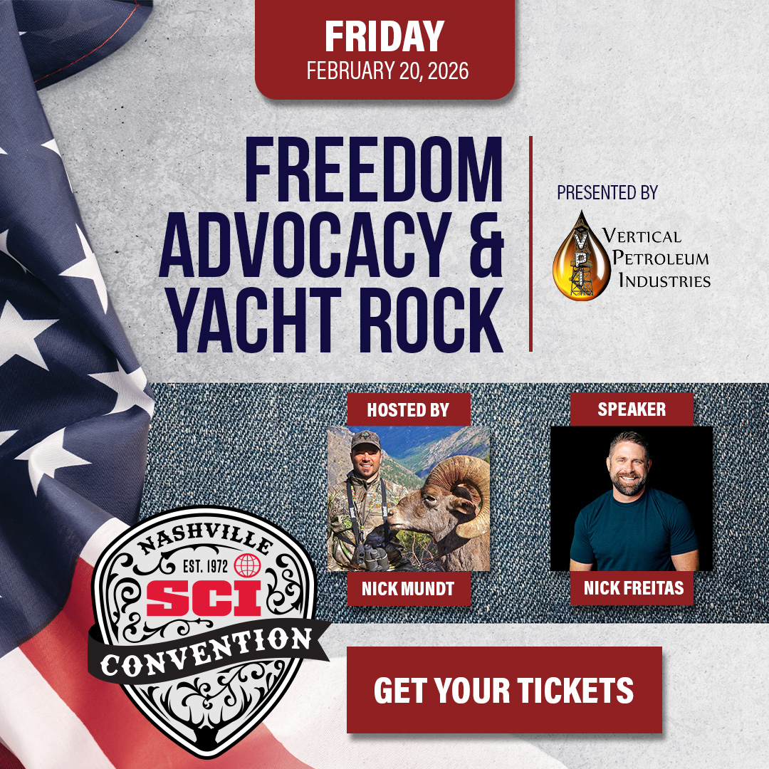 SafariClubIntl's tweet photo. Be in the know before you go! Freedom Advocacy & Yacht Rock at #SCINashville! 👀 

On Friday, February 20, advocacy meets entertainment on the open seas of FREEDOM and the night will be hosted by @nickmundt. Strap in for a riveting keynote message aimed to stir our collective passion and purpose given by @NickJFreitas! Prepare to experience the greatest hunting show with the world's finest professional hunters, outfitters, artists, and MORE, and enjoy a night of entertainment and FUN.

Get your tickets! ➡️ https://t.co/4MeKXFksJH 

This night is presented by Vertical Petroleum Industries LLC. Stay tuned for more SNEAK PEAKS of what awaits you at the 2026 SCI Convention in Nashville! ⭐