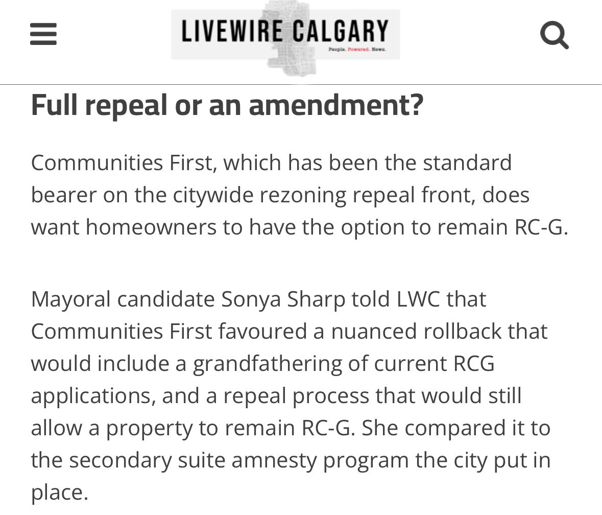 Meanwhile, I am the only #yyccc mayoral candidate who hasn’t flip flopped on repealing #blanketrezoning. From day one when I launched my campaign  I said full repeal. 

Yikes. 👇⬇️ #yycvotes