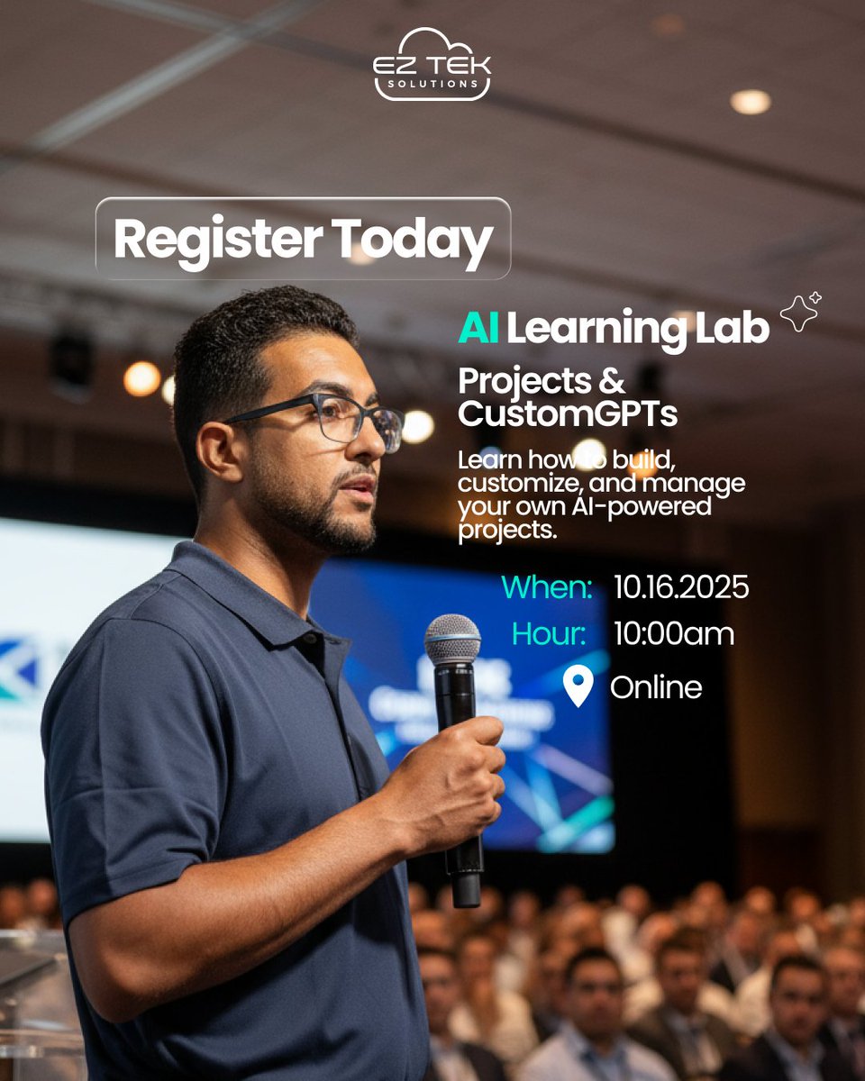 eztek_solutions's tweet image. Join our next AI Learning Lab: Projects &amp;amp; CustomGPTs.
Learn to build and manage AI tools tailored to your workflow.
💻 Online | Free Session 
📆Oct 16, 10:00 a.m. PST
Register today! 👇
events.teams.microsoft.com/event/f766adf3…