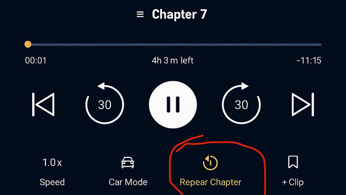 WrightdaddyOG's tweet photo. @audiblesupport Audible really needs a simple “Repeat Chapter” button. Sometimes you just want to re-listen to a full chapter without dragging the scrub bar.

Mocked up what it could look like — fits right into the existing player design. 🔁

Please pass this along to the @audible_com app dev team 🙏