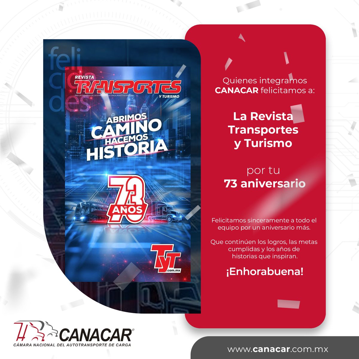 CANACAR (@canacarmexico) on Twitter photo En el marco de su 73 aniversario, la Cámara Nacional del Autotransporte de Carga, que preside el Ing. Miguel Ángel Martínez Millán (<a href="/Miguel_AMtzM/">Miguel Ángel Martínez Millán</a>), felicita a <a href="/revistatyt/">revistatyt</a> por su destacada trayectoria informativa y su valiosa contribución al fortalecimiento del sector En el marco de su 73 aniversario, la Cámara Nacional del Autotransporte de Carga, que preside el Ing. Miguel Ángel Martínez Millán (<a href="/Miguel_AMtzM/">Miguel Ángel Martínez Millán</a>), felicita a <a href="/revistatyt/">revistatyt</a> por su destacada trayectoria informativa y su valiosa contribución al fortalecimiento del sector