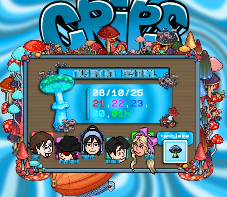 🍄 Mushroom Festival 🍄

✨ Uma celebração de psicodelia, arte e liberdade!
Vem embarcar nessa imersão sonora que une o melhor do techno e do psytrance, em um ambiente de pura expressão e conexão.

🕑 Hoje, a partir das 21h
♿ #CripsFamily 
📻 #RádioHabblet