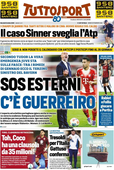 Newspaper front page titled Tutto Sport with sections on Serie A standings and points, main headline about Jannik Sinner case in China prompting ATP heat regulations, article on Juventus flanks emergency mentioning Bayern left back Raphael Guerreiro in blue text SOS esterini ce guerreiro, Portuguese player photo in suit, details on experienced versatile player nearing contract end with Kompany possibly letting him leave early, Igor not giving up on back three, sensational backstory on Toro with Coco release clause of 35 million euros, offers from Qatar and Russia up to 17 million, Anjorin improving aiming for Napoli, preview on Tresoldi for Italy with Gattuso confirmation, CT quote on looking at him and Ahanor, atmosphere against Israel in Udine, Soule agent opening to Azzurri, Milan-Como in Australia with Rabiot quote on crazy travel to Perth, tough Frenchman commenting on miles for Italian teams match and players health.