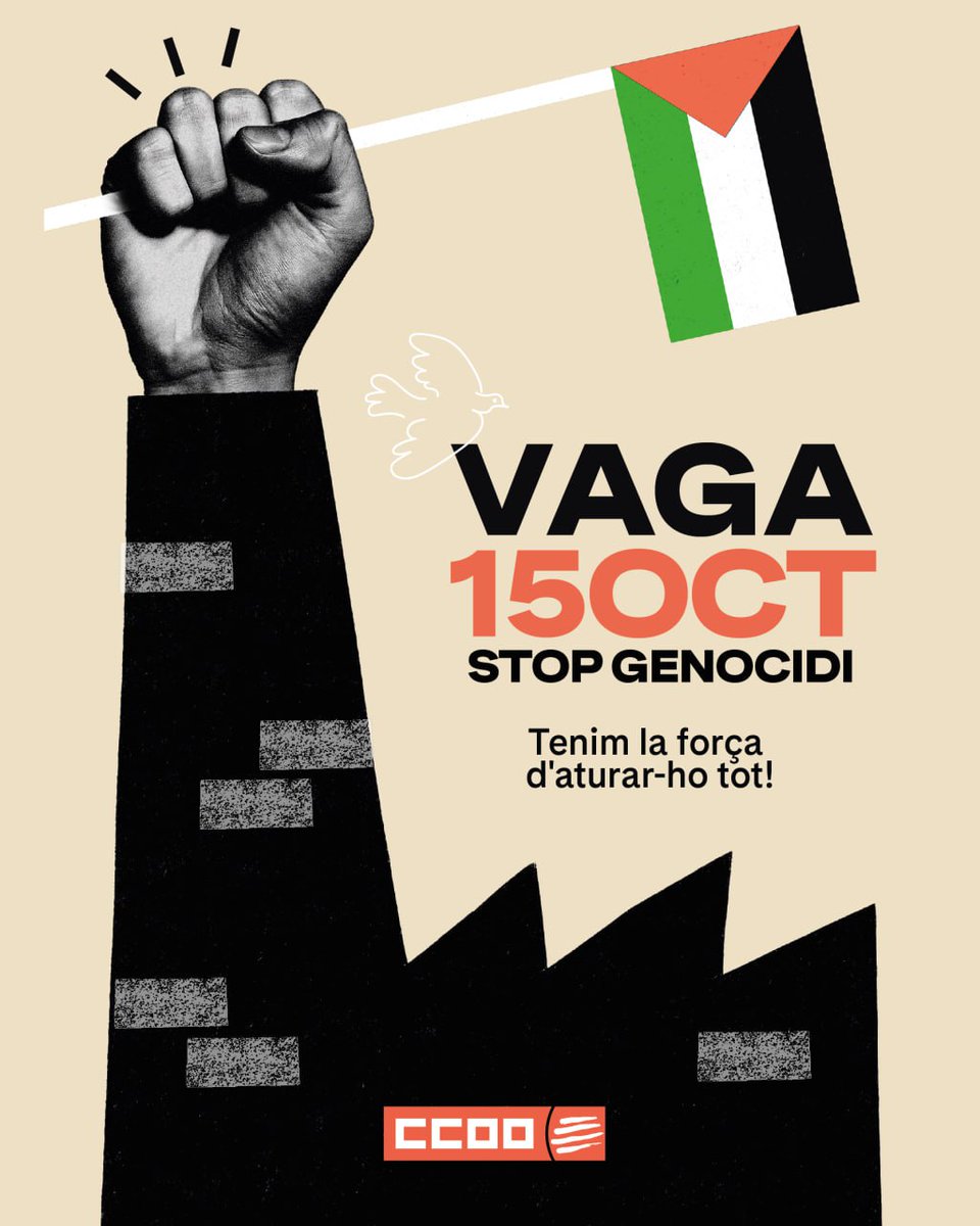 📢 15 d’octubre | Jornada de lluita i vaga per Palestina
✊ Stop genocidi!

CCOO i UGT convoquem aturades de 2 hores per torn a tots els centres de treball i mobilitzacions arreu del país.
#StopGenocidi

🔗 Més info: ccoo.cat/tarragona/noti…

<a href="/ccoocatalunya/">CCOO de Catalunya</a> <a href="/PauiSolidaritat/">Pau i Solidaritat</a>