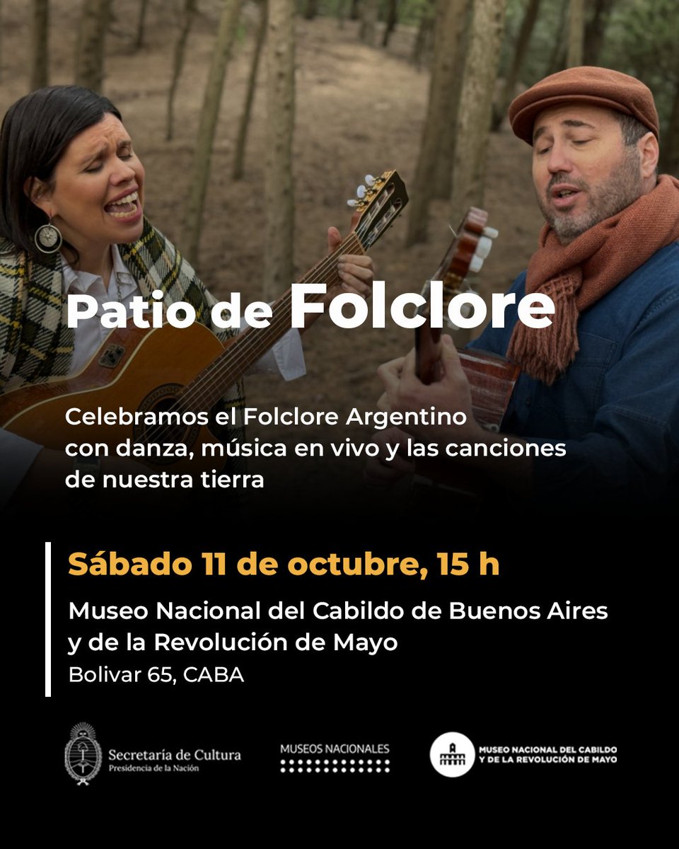 🎶 Patio de Folclore 🎵

🇦🇷 Te invitamos a participar de un encuentro folclórico con participación de músicos, cantantes, y acompañarán escuelas de danza invitadas que presentarán coreografías grupales y números especiales.

📌 Sábado 11 de octubre 15h.
📍Bolívar 65. CABA.
