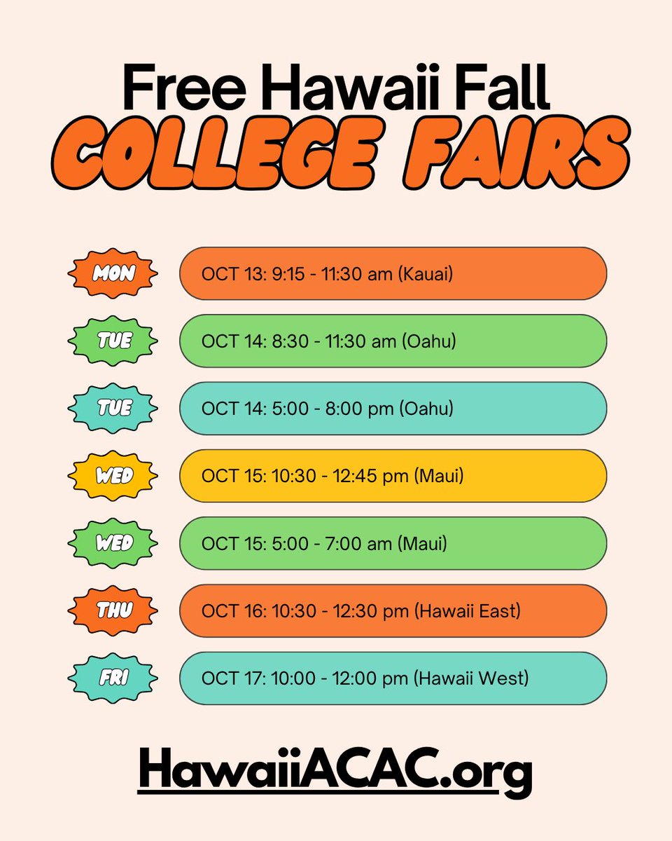 Next Week's College Fairs are your chance to explore your future right here in the islands! 🌈✨

Meet college reps, ask questions, and find your perfect fit across multiple islands:
✅ Open to all students &amp; families
✅ No cost to attend
✅ Learn more at HawaiiACAC.org