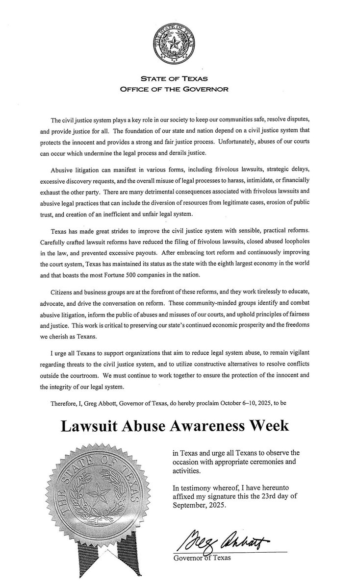 Thank you, Governor Greg Abbott, for proclaiming Oct. 6-10 as Lawsuit Abuse Awareness Week in Texas. Let’s keep the Texas miracle going strong. #LAAW25 #txlege