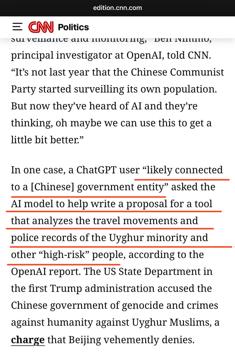 ⚠️ <a href="/OpenAI/">OpenAI</a> revealed that suspected Chinese operatives used ChatGPT to draft proposals for mass surveillance tools — including one designed to analyze the travel movements and police records of Uyghurs and other so-called “high-risk” groups. 

Another example of how Beijing uses