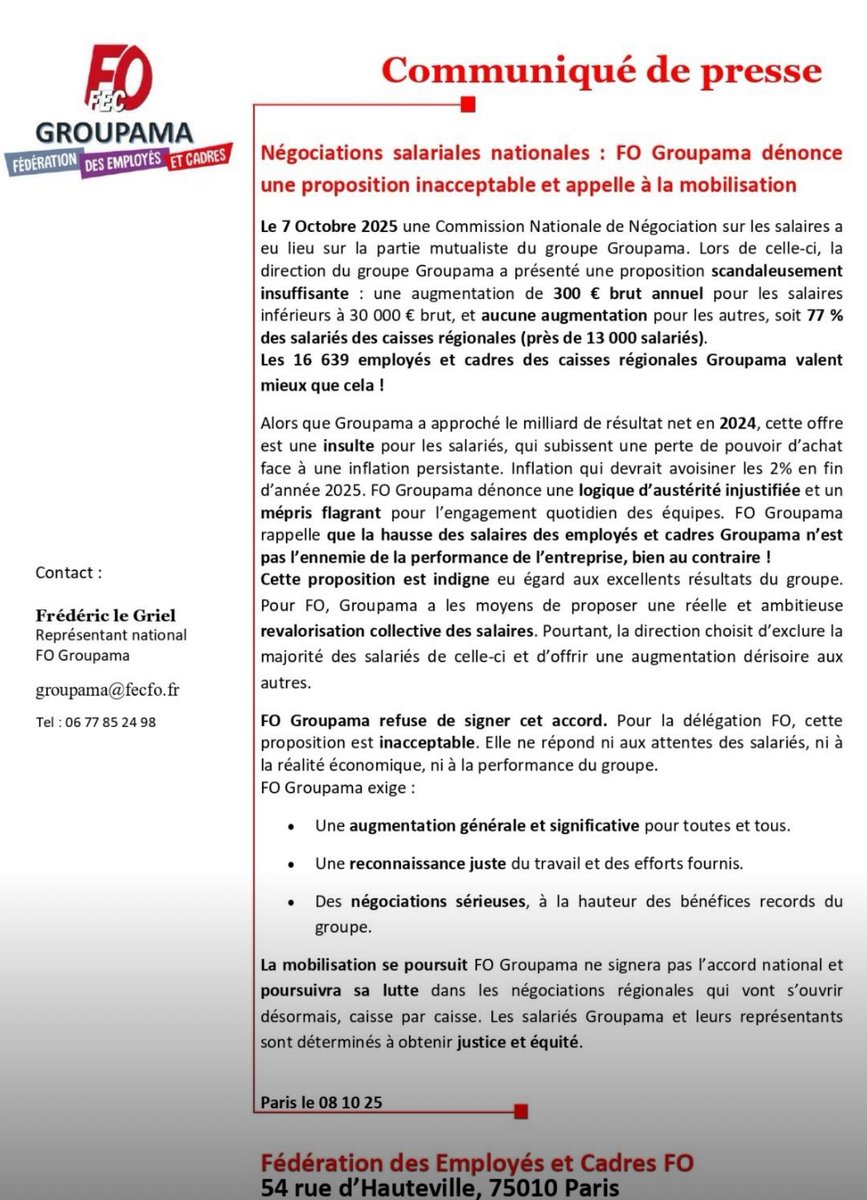 Négociation salariale chez Groupama:
Alors que le groupe affiche 961 millions d’euros de bénéfices en 2024, la proposition salariale nationale est… une véritable provocation.
#fecfo #fo