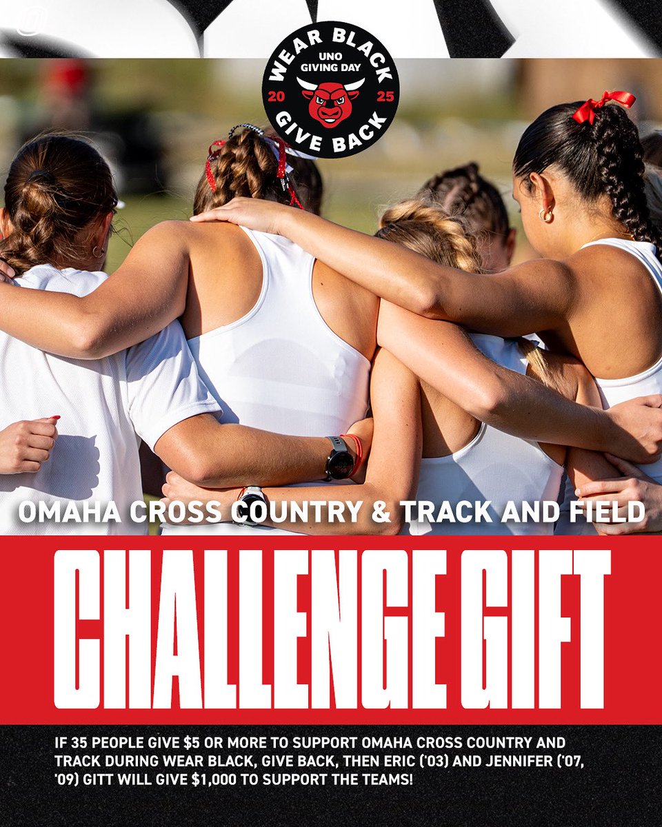 𝗖𝗛𝗔𝗟𝗟𝗘𝗡𝗚𝗘 𝗔𝗖𝗖𝗘𝗣𝗧𝗘𝗗! #Omaha Cross Country and Track and Field will receive a $1,000 challenge if 35 people give $5 or more!

🔗 givingday.unomaha.edu/campaigns/uno-…

#ForThe402 | <a href="/uno_fund/">UNO Fund</a>