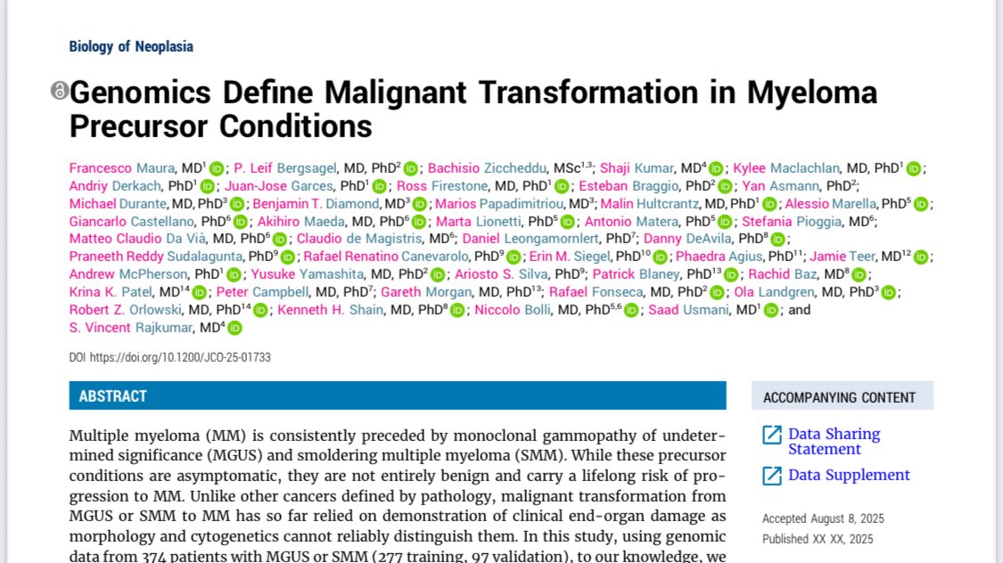 VincentRK's tweet image. Just out in the Journal of Clinical Oncology! @JCO_ASCO 

A paradigm changing paper on MGUS and Smoldering Myeloma @FrancescoMaura4 

And it’s Open Access!!
ascopubs.org/doi/10.1200/JC…

KEY FINDINGS: 

1) We identify for the first time myeloma defining genomic events to differentiate…