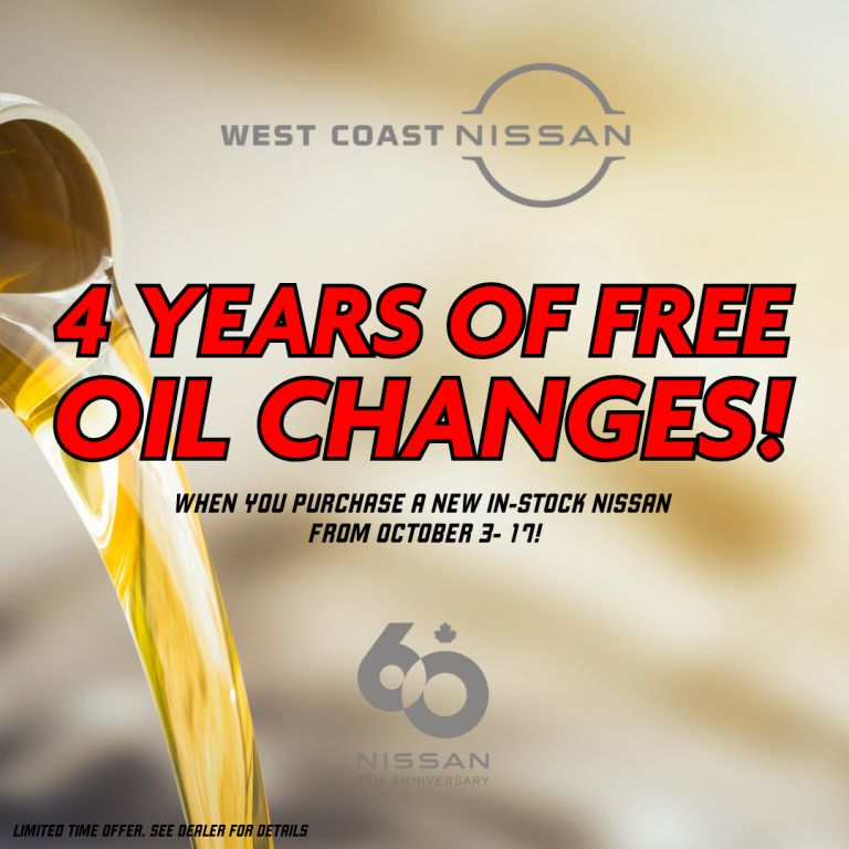 westcoastnissan's tweet image. 🚗✨ From Oct 3–17, get 4 Years of FREE #OilChanges when you purchase a New In-Stock Nissan at #WestCoastNissan! 

Don’t miss this limited-time offer—drive worry-free and save big on #maintenance: westcoastnissan.ca/in-stock-new-v…

📍 See dealer for details. 

#Nissan #GreaterVancouver