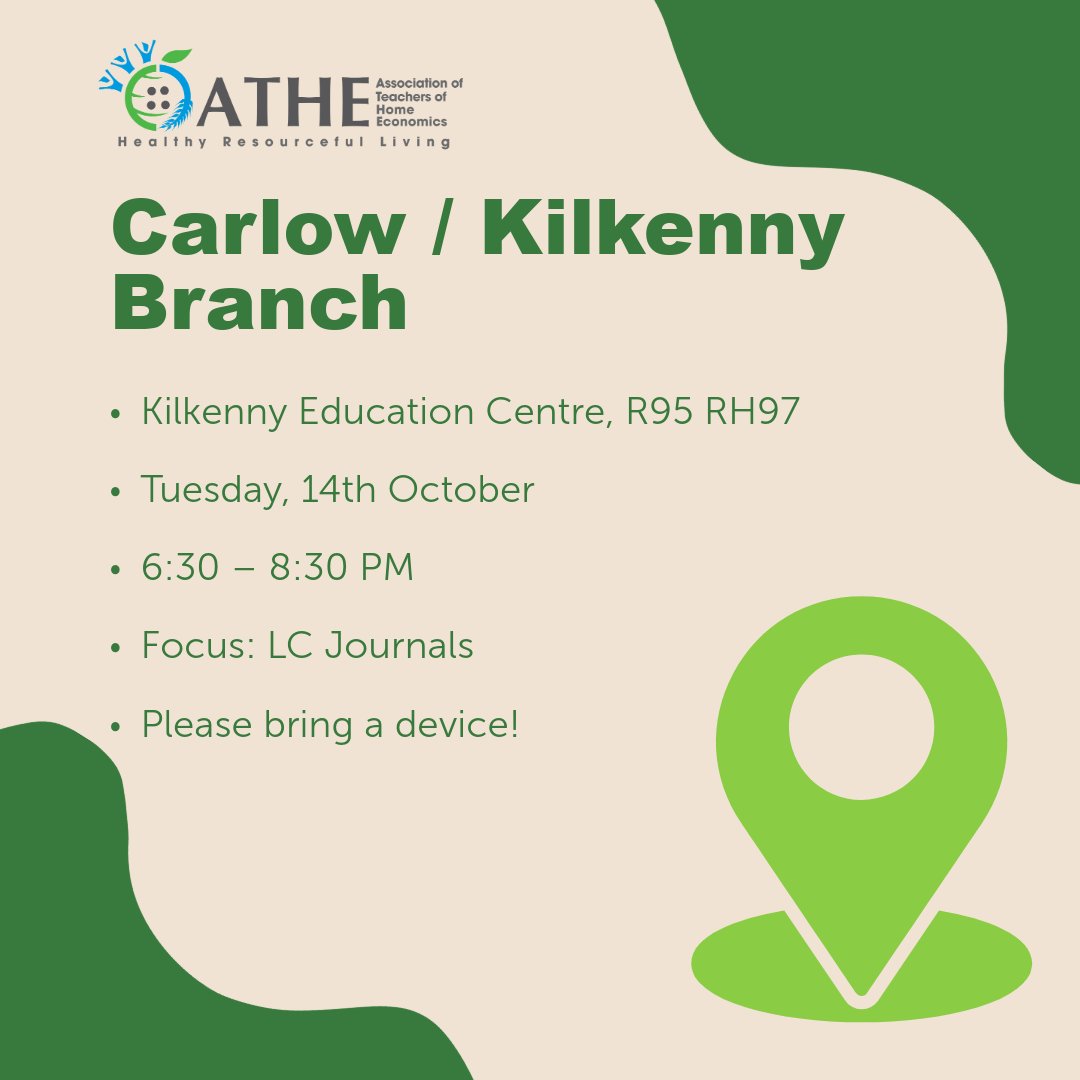 ATHE_HomeEc's tweet photo. 📢 ATHE Branch Meetings are back this October!

🗓️ Wicklow/Wexford – Oct 14, 5:30–7:30, Gorey ETSS
🗓️ Carlow/Kilkenny – Oct 14, 6:30–8:30, Kilkenny Ed Centre
🗓️ Meath – Oct 23, 6:30–8:30, Darnley Lodge Hotel
🗓️ Cork – Oct 23, 6:30–8:30, Cork ESC
💻 Bring a device! https://t.co/v4s3fHgPJi